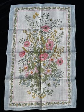 Floral Garden Vintage Linen Tea Towel - Pink & Green Bouquet